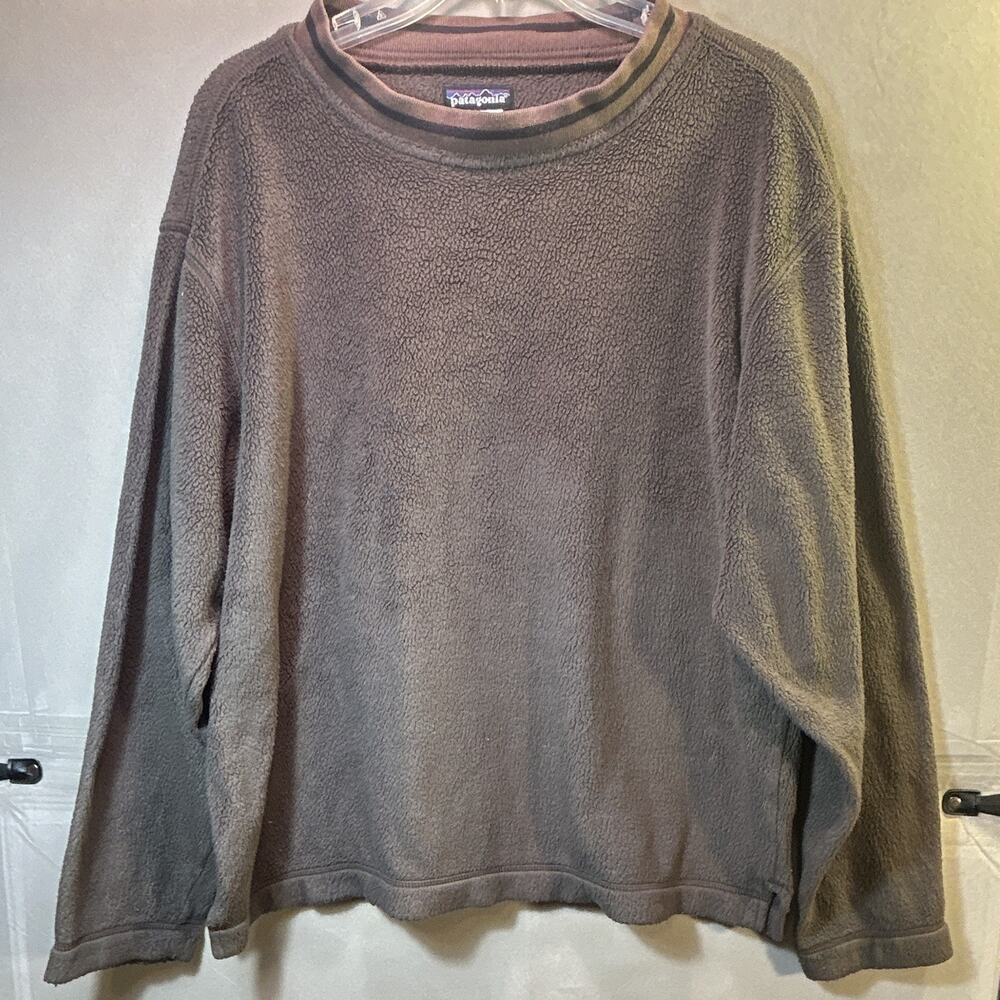 Y2K Patagonia Men's Fleece Pullover Sweatshirt Crew Neck Brown Logo Size M